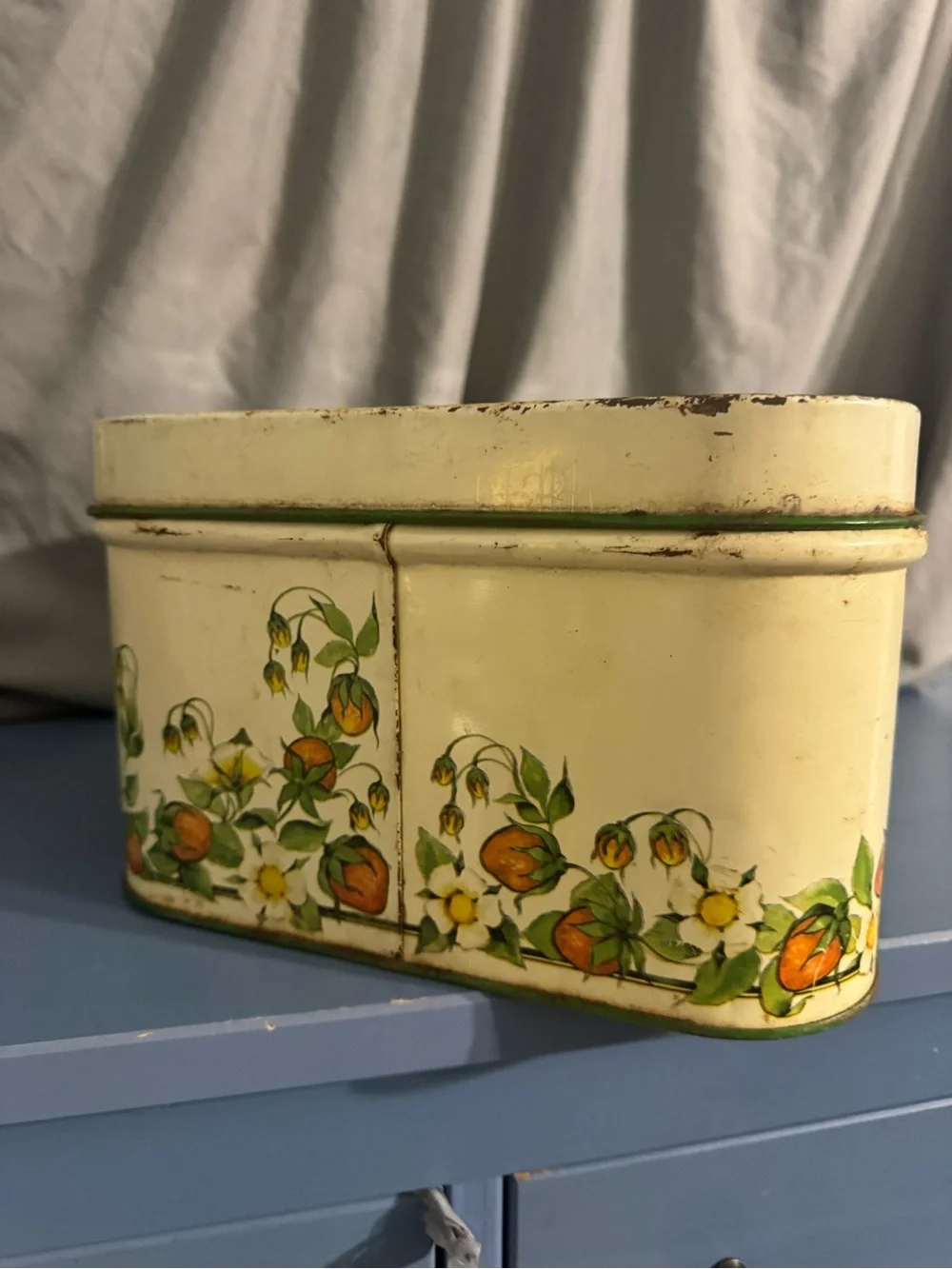Cheinco 1950's Vintage Metal Tin Breadbox With Fruit Design Kitchen Ware